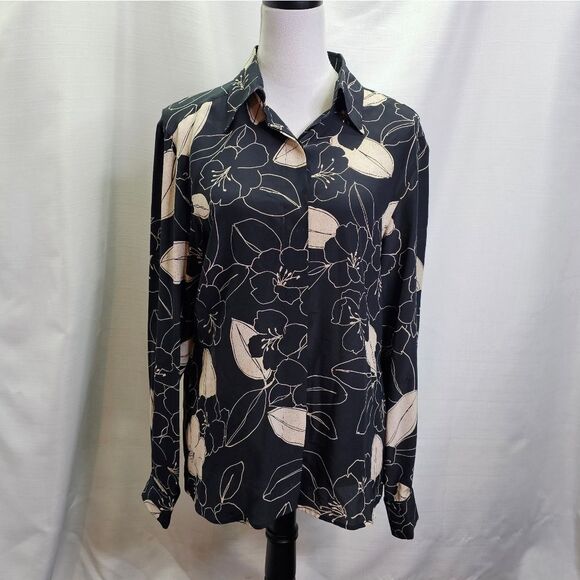 MaxMara Vintage Black and Cream Floral Silk Button Front Blouse Size 10 - Picture 1 of 10